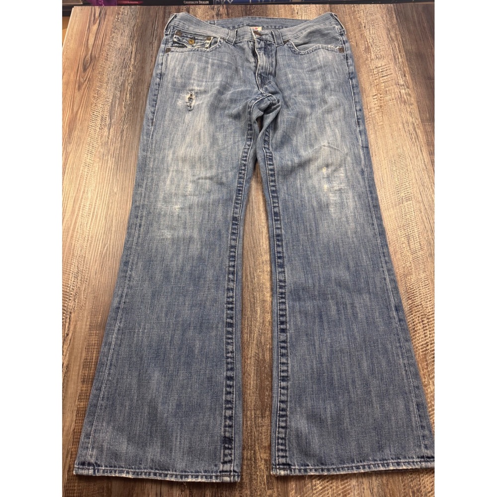 True Religion Bobby Blue Jeans Mens 36x32 Leather Pockets Thick Stitch Made USA